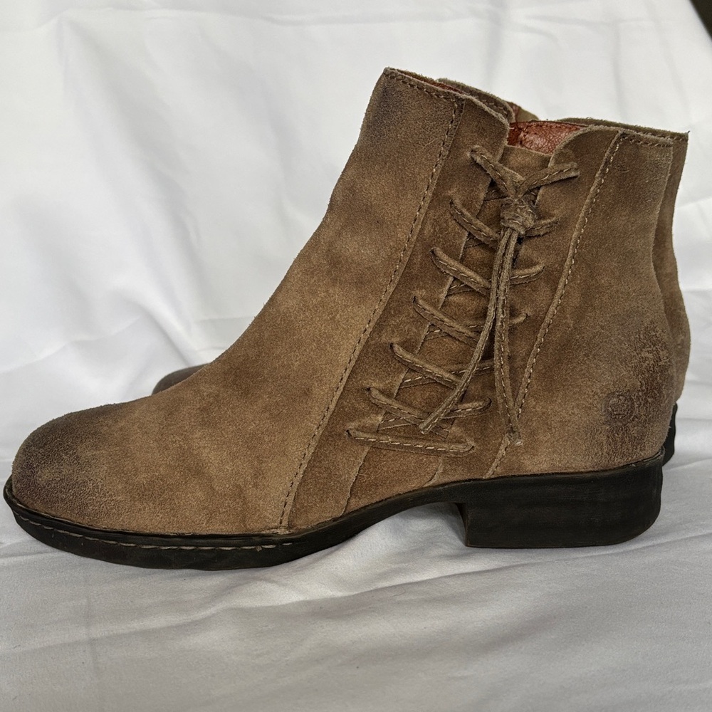 Born 7 Bessie Brown Suede Ankle Boots Leather Booties Lace Up Side Zip Closure